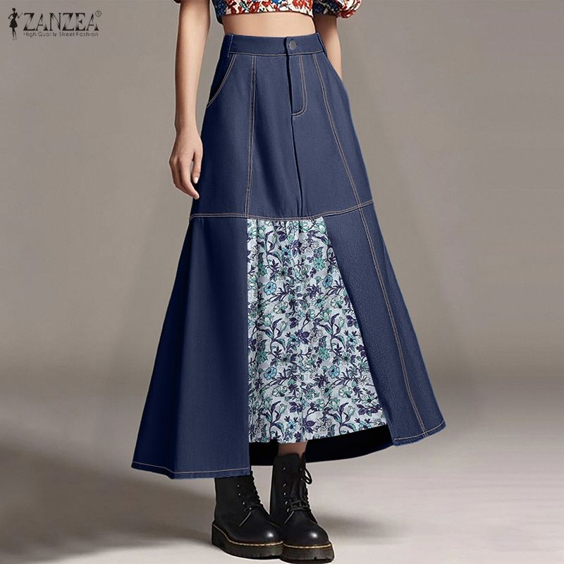 ZANZEA Women Print Patchwork Loose Casual A-line Long Skirts