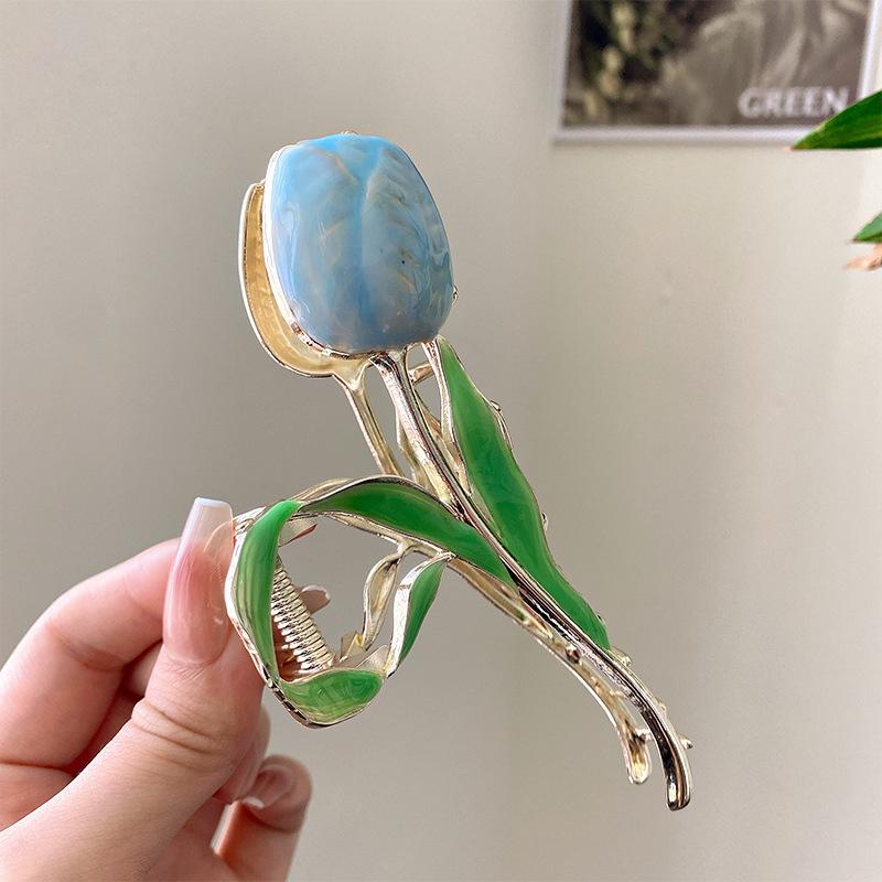 

Small fresh tulip flower hairpin back head grab clip Pan hair shark clip Japanese and Korean style senior hair accessories Women синий