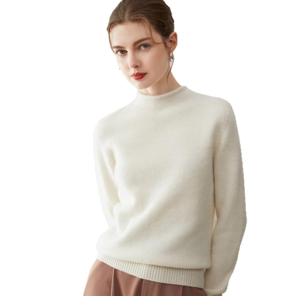Women's 100% Pure Cashmere Sweater - Thickened, Half-High Neck, Rolled Hem, Solid Color, Loose Knit for Autumn and Winter.
