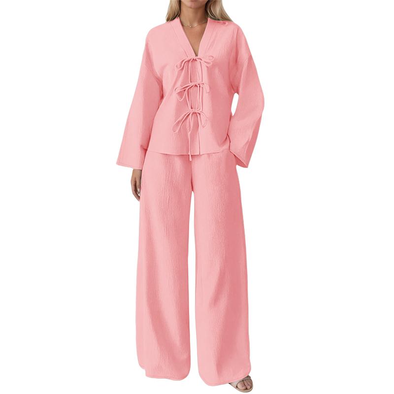

ZANZEA Женская блузка с длинным рукавом на шнуровке и брюки, повседневный костюм-двойка 5XL розовый