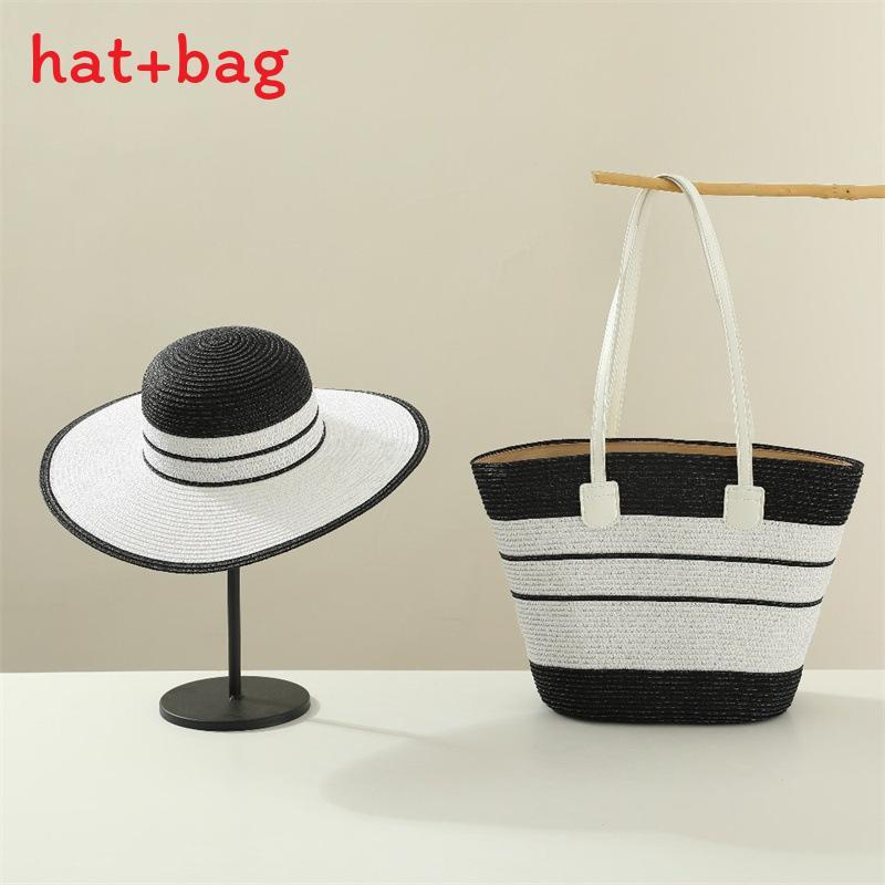 Woven Sun Hat And Large Capacity Straw Tote With Striped Pattern For Travel And Casual Wear