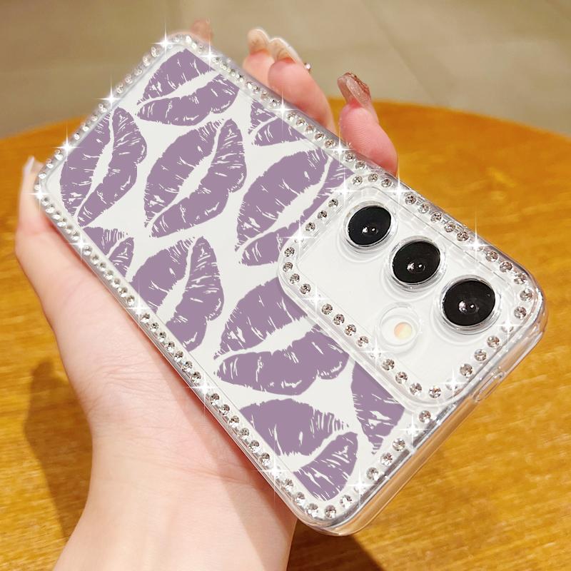 Diamond Frame Lips Print Soft Silicone Case For Samsung S25 Edge S24 FE S23 Ultra S22 A16 A56 A36 A15 A55 A35 Clear Shockproof Phone Cover