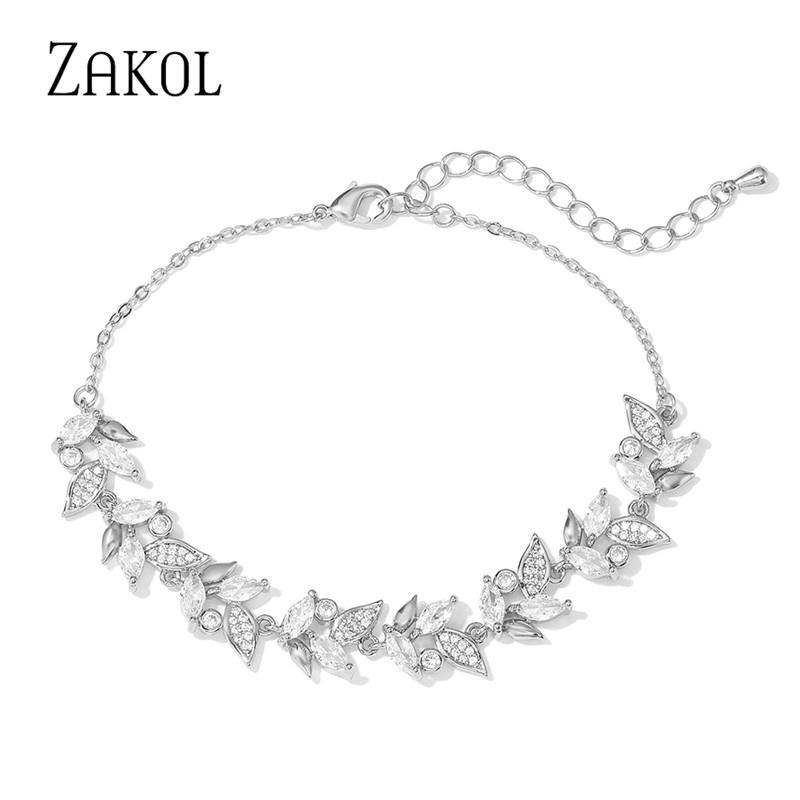 ZAKOL Trendy Charm Marquise Cut Cubic Zirconia Bracelets For Women CZ Leaf Bridal Wedding Party Jewelry Gift BP2252