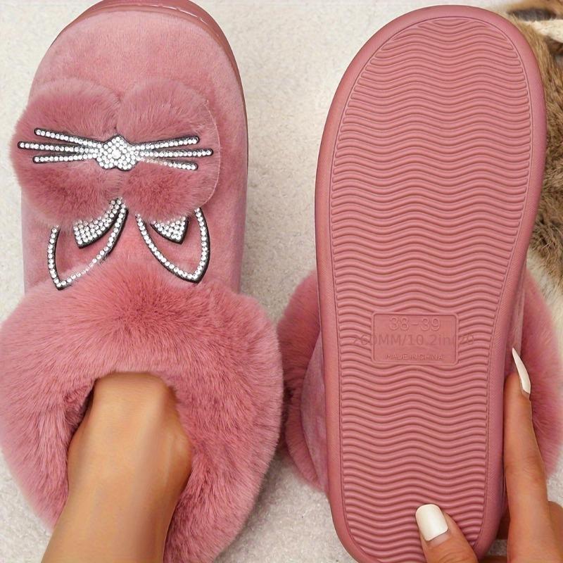 Fluffy Plush Lined Rhinestone Cartoon Decor Novelty Slippers, Cute Winter Warm Home Slip On Shoes