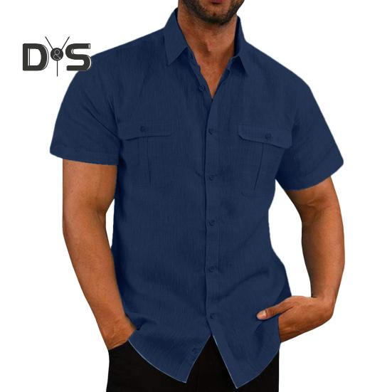 

Мужская летняя рубашка, сплошной цвет, однобортный, свободные нагрудные карманы, отложной воротник, короткие рукава, мягкий дышащий легкий кардиган, формальный кардиган на пуговицах 3XL темно-синий