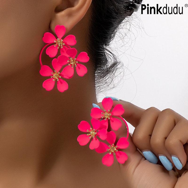 Pinkdudu Nye overdrevne røde blomster dingle øredobber mote fargerik legering dingle øredobber for kvinner Smykker gaver PD1830