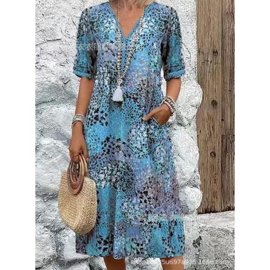 Printed Summer V-neck Casual Vacation Pocket Dress Loungewear Women
