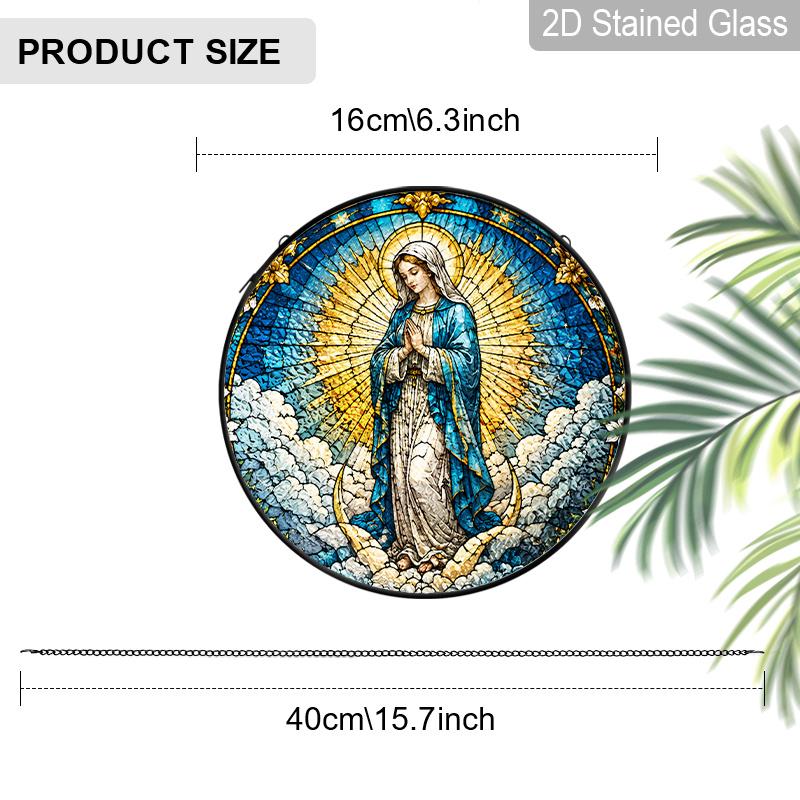 2D Flat Cross Stained Glass Suncatcher, 6.3/7.87 inch Virgin Mary Stained Glass Suncatcher, Our Lady of Lourdes Window Hanging, Catholic Home Decor 6.3inch