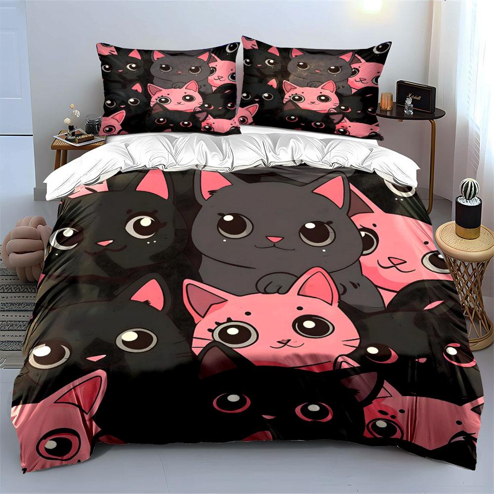 Cute Pink and Black Cat Bedding Bedding Duvet Cover Set Duvet Cover Pillowcases (1 * Duvet Cover 2 * Pillowcases, Without Duvet Insert)