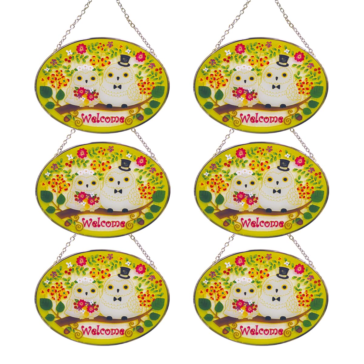 

Fourcart Cute Handmade Glass Stained Frame Owl Welcome Oval Set of 6