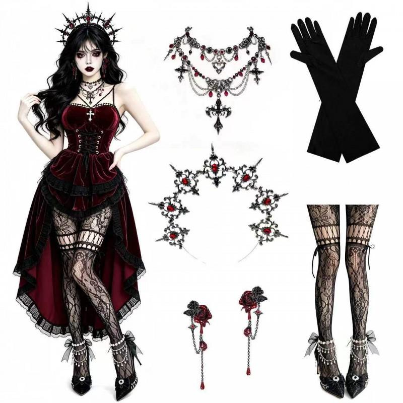 Gothic Vampire Costume Dress Wine Red Velvet Corseted Maxi Skirt Dark Queen Cosplay Outfit Halloween Party