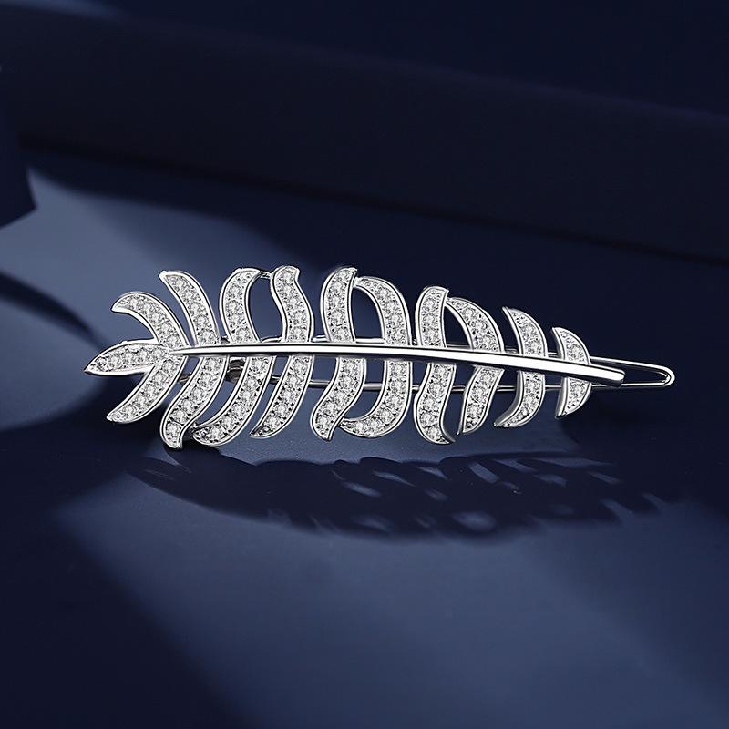 Elegant Feather Design Hair Clip Cubic Zirconia Full Paved 925 Silver Hairpin Daily Hair Accessories