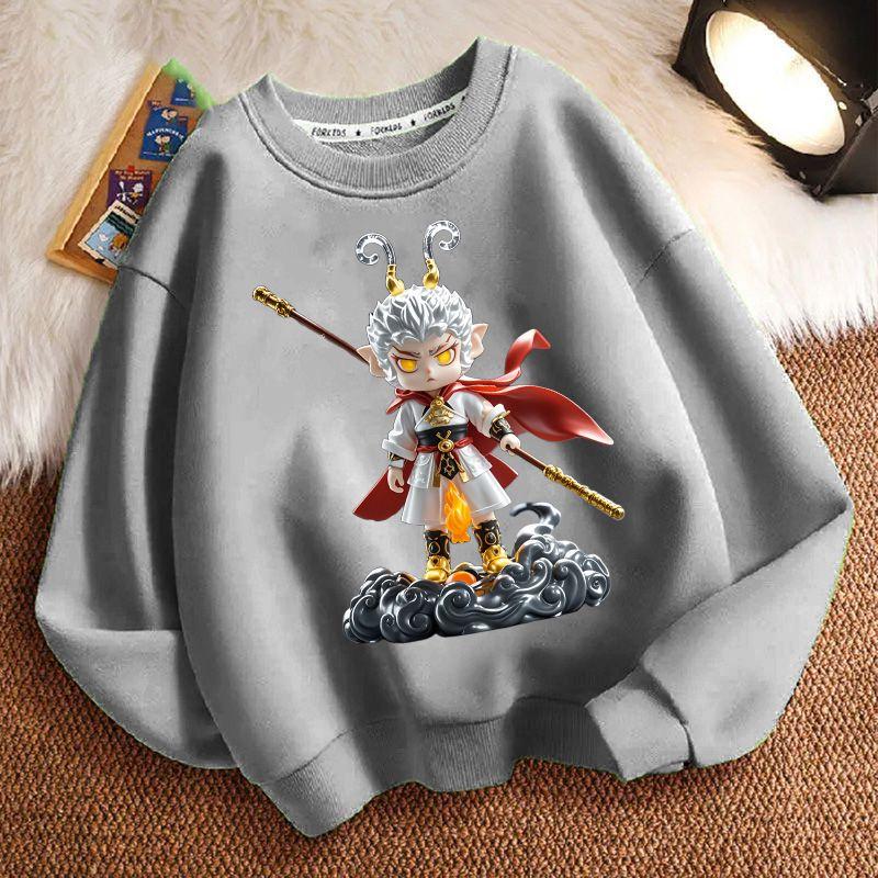 Cute Black Mythological Wukong Round-neck Hoodie for Children, Fashionable Long-sleeved Hoodie for Boys and Girls In Spring and Autumn