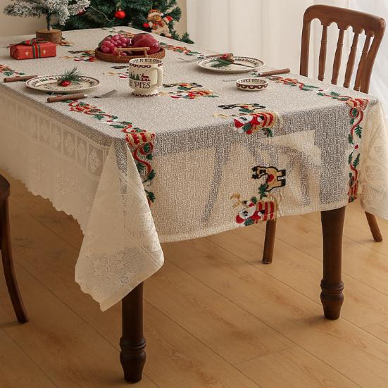 Christmas Lace Tablecloth Embroidered Santa Claus Xmas Bell Table Cloth Festive Dining Table Cover for Holiday Home Dinner Party Decor