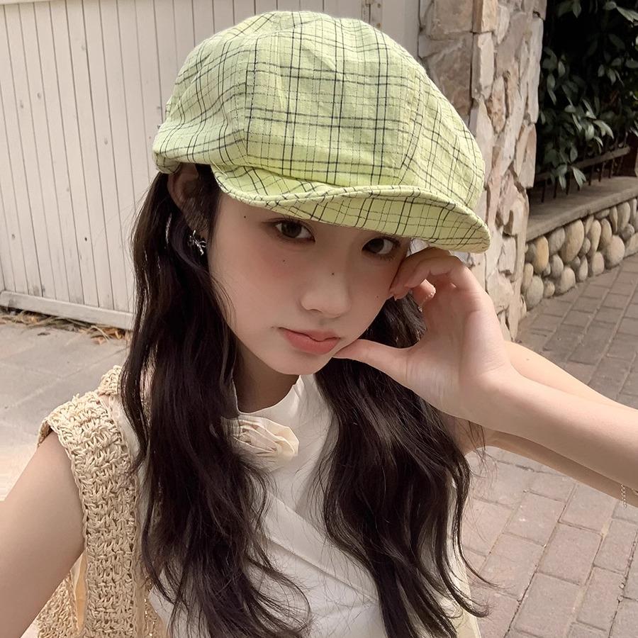 Plaid beret women's spring summer thin versatile face small octagonal hat big head circumference painter hat