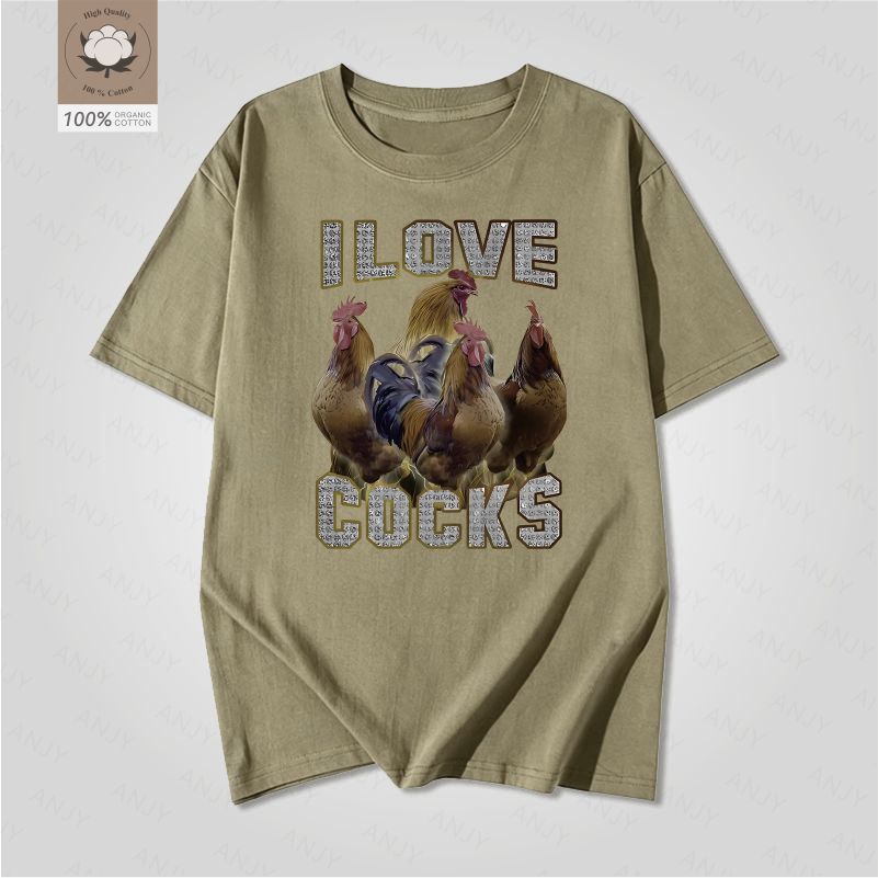 I Love Cocks Rooster Maglietta a Maniche Corte Stampata Retrò Modello Divertente Fattoria Americana Unisex e Unisex Top Girocollo Largo
