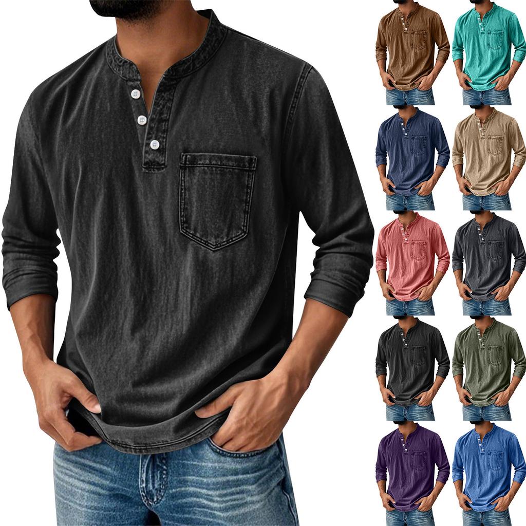 Men's Solid Color Washed Sports Button Pocket Stand Collar Long Sleeve Top