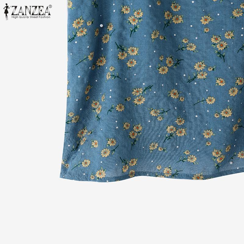 ZANZEA Kobiety Casual Falbany Okrągły Dekolt Krótki Rękaw Bluzka z Nadrukiem Kwiatowym