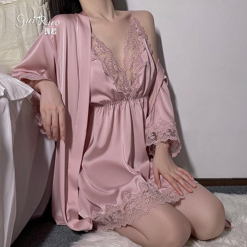 Womens Satin Lingerie Set Deep V Neck Long Sleeve Robe Lace Slip Dress Homewear Sleep Lounge