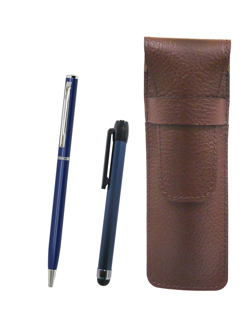 Leather Pencil Case with Blue Metallic Touch Stick and Slim Rotating Ballpoint Pen Set Two-Pack Chocolate-Colored (Blue) (SASTYO-ALL-PD04-L-2)