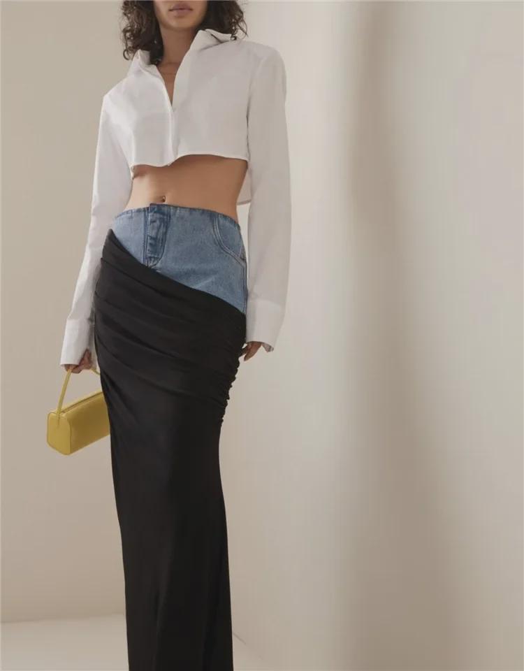 Modern Deconstructed High-Waist Black Pleated Denim Skirt with Spliced Design for Women