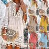 Women Fashion Three-quarter Sleeve Boho Dress Lace Tassel V-neck Mini Dress