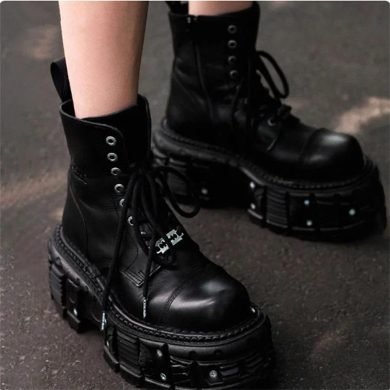 Fashion Punk Style Women Boots Lace-up Heel Height Platform Shoes Woman Gothic Ankle Rock Boots Metal Decor Woman Sneakers 2025