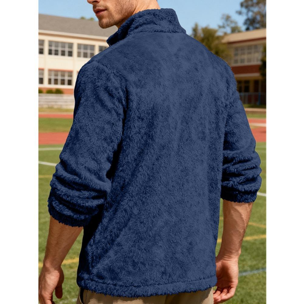 Herren Polarfleecejacke für Winter Einfarbig Stehkragen Langarm Reißverschlussfliege Mantel Lockere Passform Herren Oberbekleidung mit Taschen