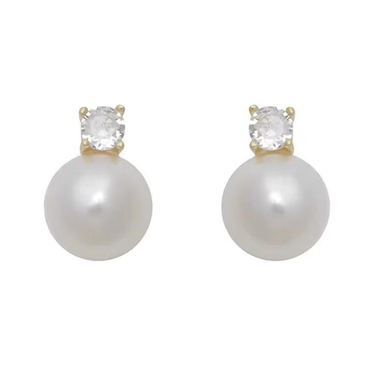 Personalized flash diamond pearl stud earrings, simple light luxury temperament versatile pearl earrings women's earrings