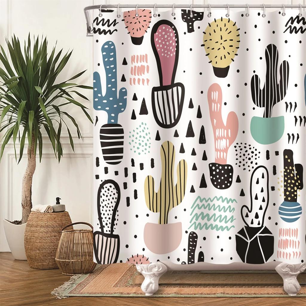 Tropical Cactus Print Shower Curtain Boho Plant Pattern Waterproof Fabric Shower Curtains Modern Bathroom Decor With Hooks