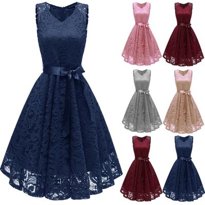 Women Vintage Princess Floral Lace Cocktail V-Neck Party Aline Swing Dress