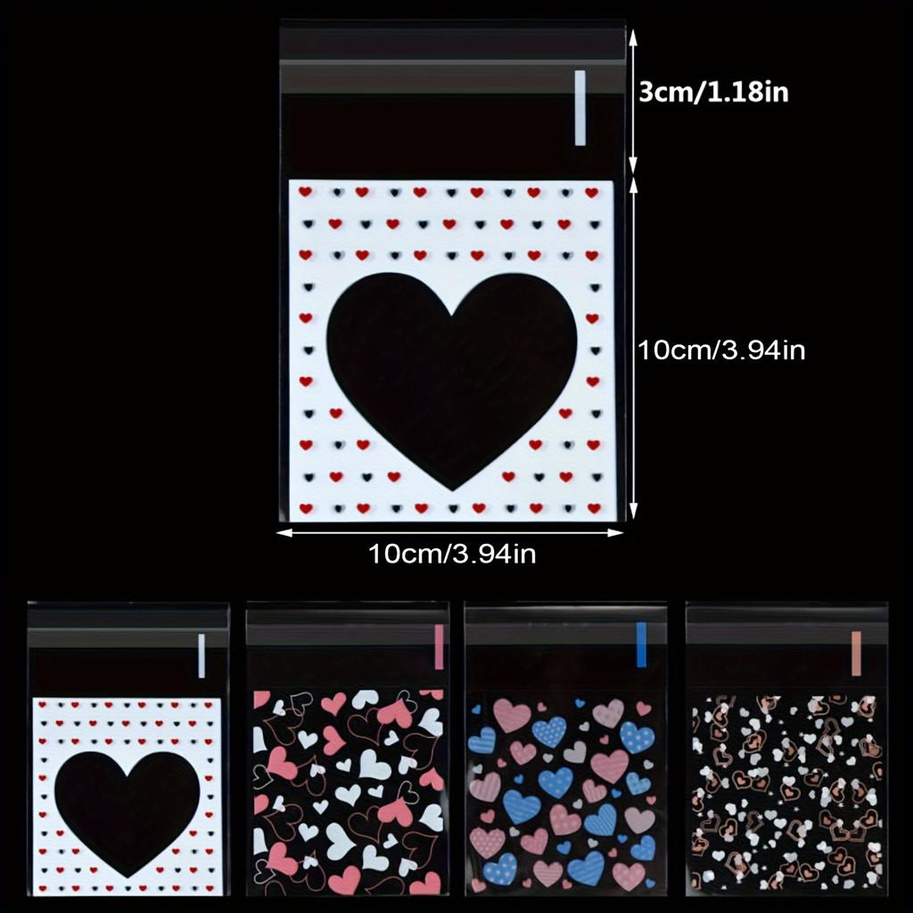 400PCS Valentine Cellophane Bags Love Heart Printed Self Adhesive Cookie Treat Bags 4 Styles Valentine's Day Mother's Day