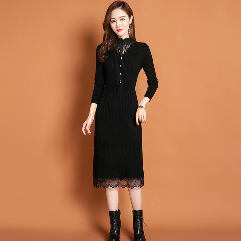 

Lace Half Turtleneck Knitted Dress for Women Long-sleeved Solid-color Sweater Dress for Autumn and Winter Casual S чёрный