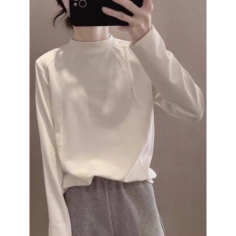 Women's Fleece Brushed Long-Sleeve Base Layer Shirt, Autumn/Winter Korean Style, Loose Half-High Collar Top