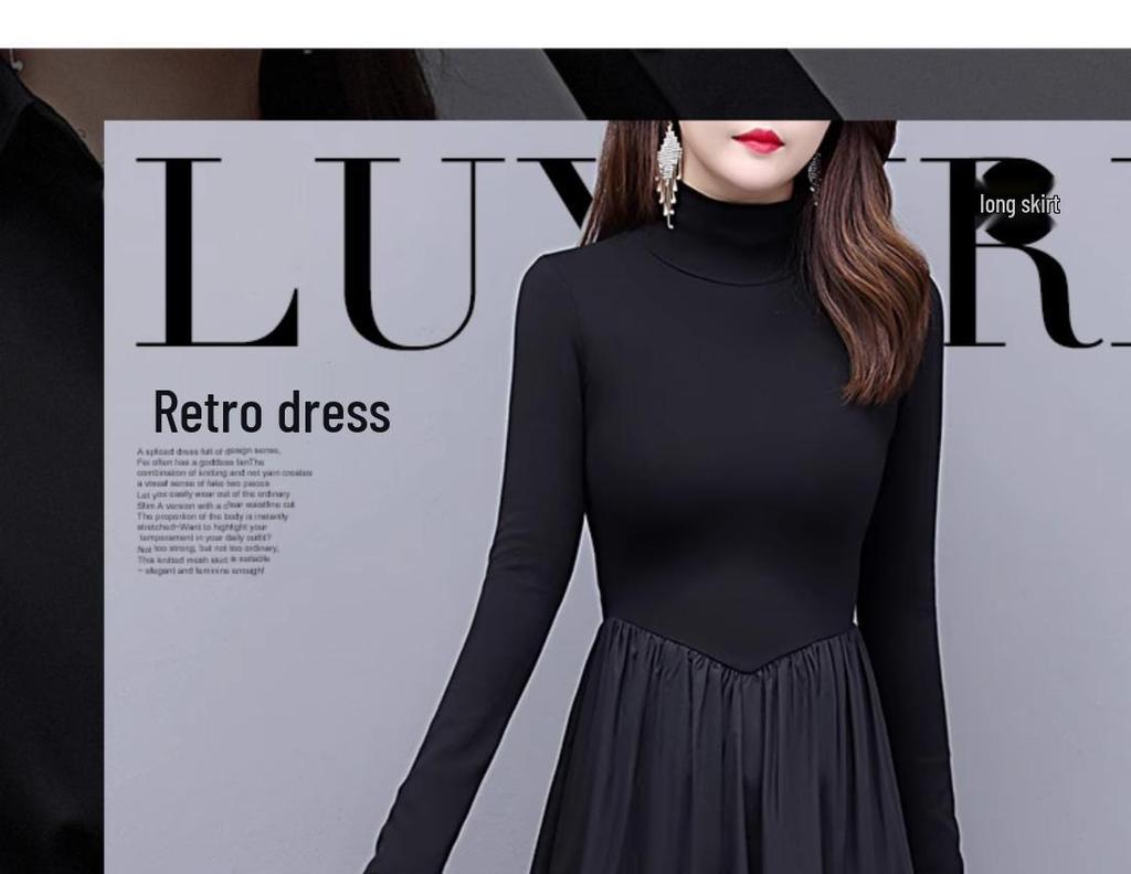 Black High-Neck Hepburn-Style Velvet Dress - Slimming Long Winter Skirt for Women