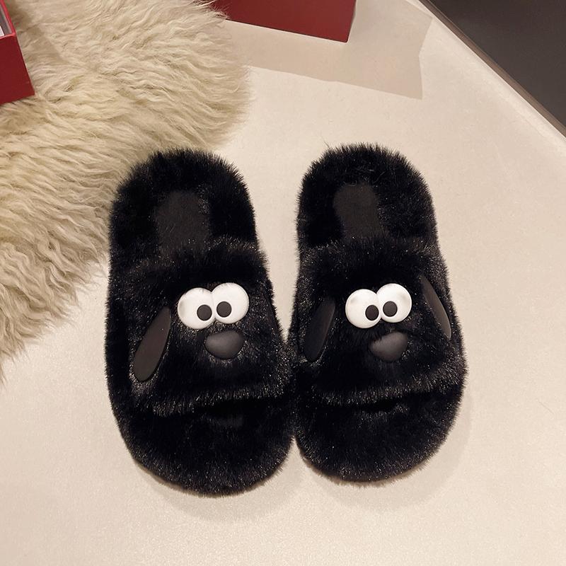 Aphixta 2024 Chaussons Mignons Chien Chaud Hiver Fourrure Femmes Chaussons d'Intérieur Chaussures Oreilles Poilues Chaussures Chambre Talon Plat Poils