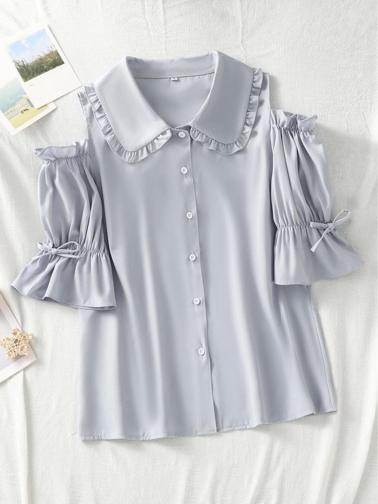 Versatile Ruffle Doll Collar Blouse - Women's Short-Sleeve, Pleated, Loose Fit, Solid Color