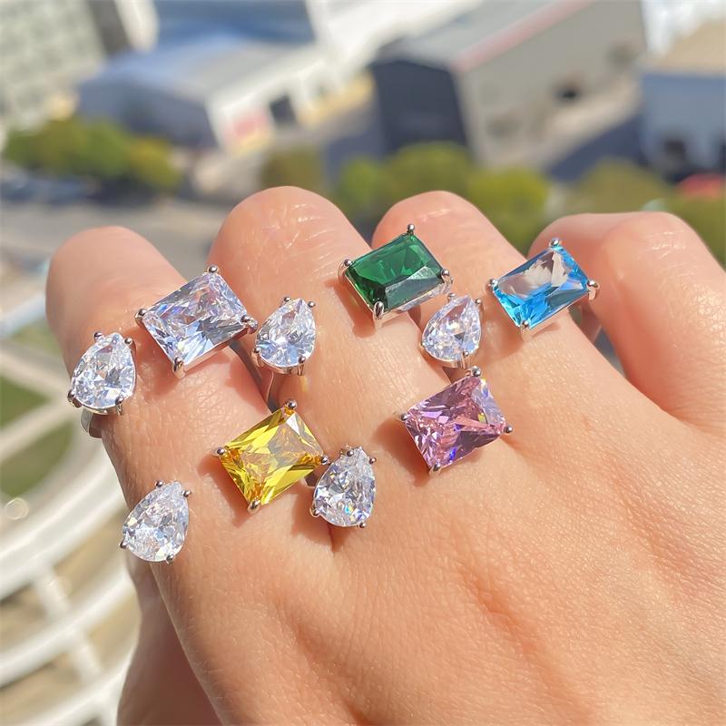 ZAKOL Luxury Square Water Drop AAA Cubic Zirconia Open Rings for Women Clear Pink Green CZ Engagement Wedding Party Zircon