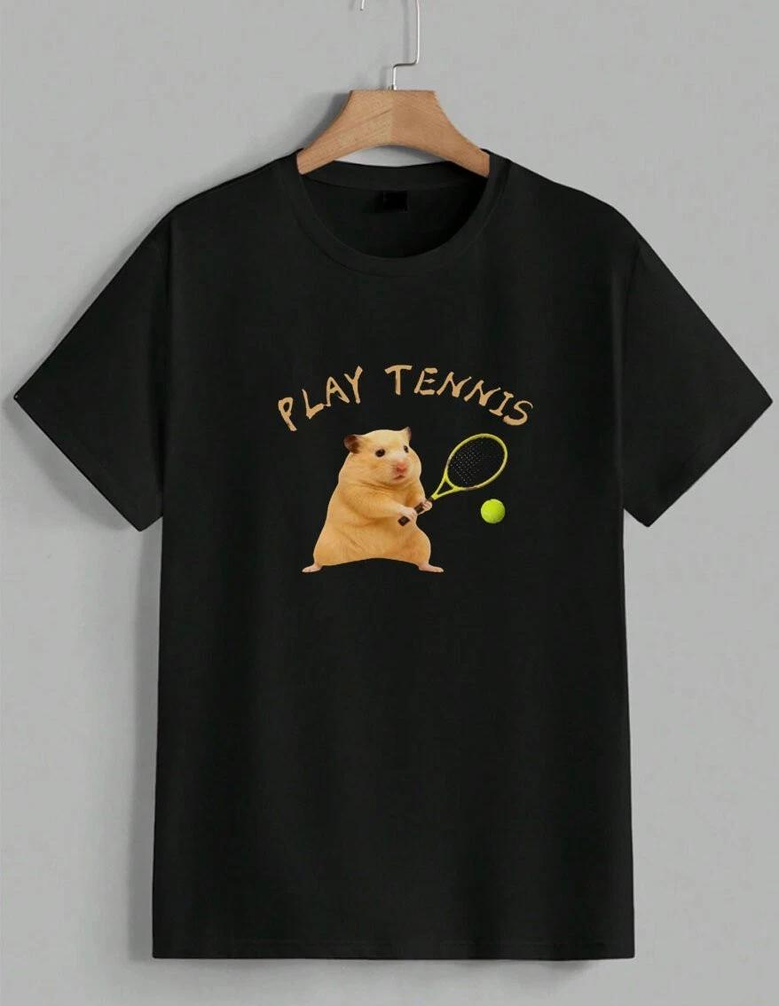 Funny Hamster Playing Work Out Tennis T-Shirt Cute Animal Graphic Tee Unisex M