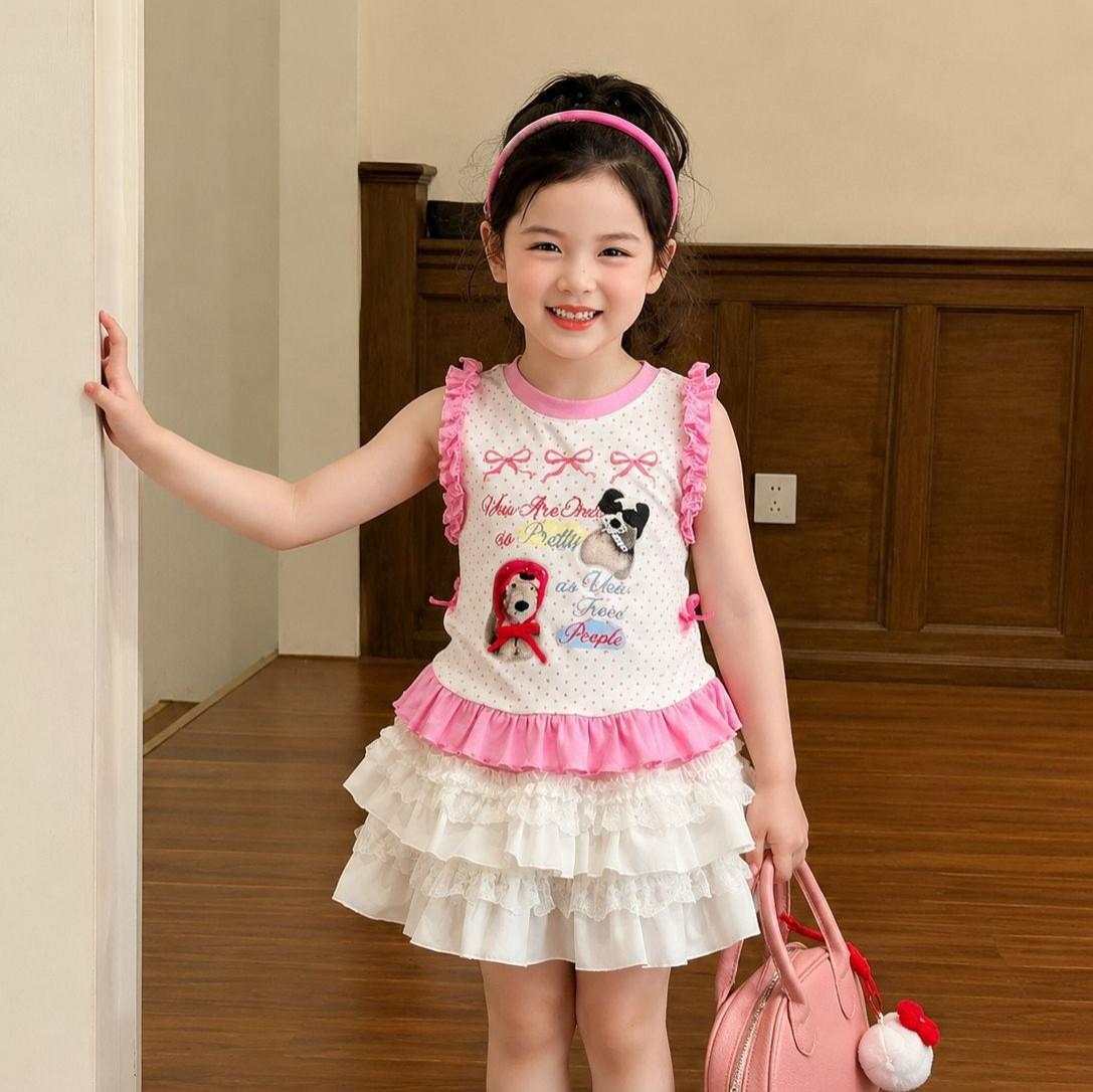 Girls Summer Pink Polka Dot Ruffle Sleeveless Vest Top 90