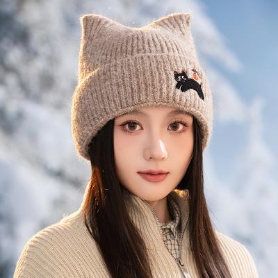 Female Autumn and Winter Cute Cat Embroidered Wool Hat Autumn and Winter Windproof Warm Ear Protection Hat