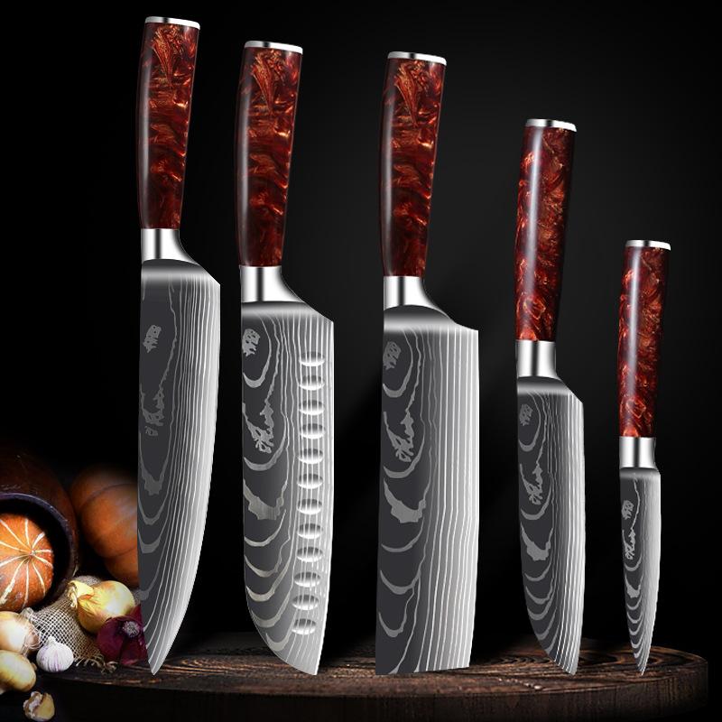 Kırmızı Reçine Kolu Şam Lazer Tahıl Seti Dilimleme Bıçağı Mutfak Bıçağı Sashimi Pişirme Şef Bıçağı