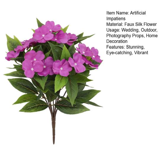 8 Bundles Artificial Impatiens Flowers for Outdoors UV Resistant Faux Impatiens Bushes Fake Silk Shrubs with Stake for Outside Front Porch Garden