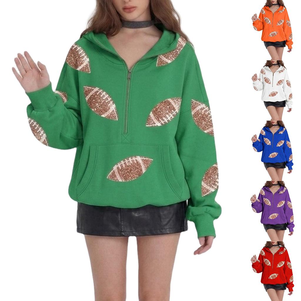 Women's Half Zip Hooded Sweatshirt with Football Print for Casual Wear
