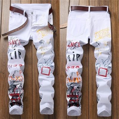 Fashion Mens Jeans Night Club Black White Color Personal Designer Printed Jeans Men Punk Pants Skinny Hip Hop Jeans