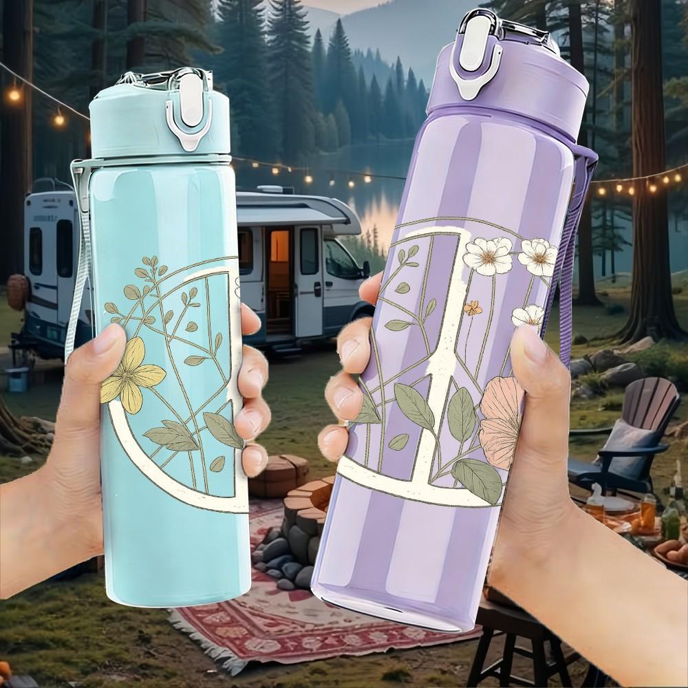 1PC Wreath Wildflower Line Art 750ml Color Plastic Sports Water Bottle Leakproof Flip Straw Lid Suitable for Sports Office Home Use