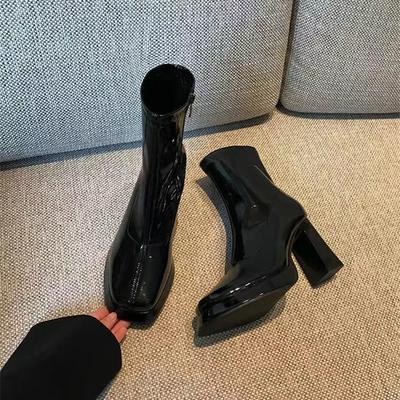 Bottines pour femmes Bottines à plateforme à talon haut épais en cuir verni Chaussures de fête pour femmes Livraison directe
