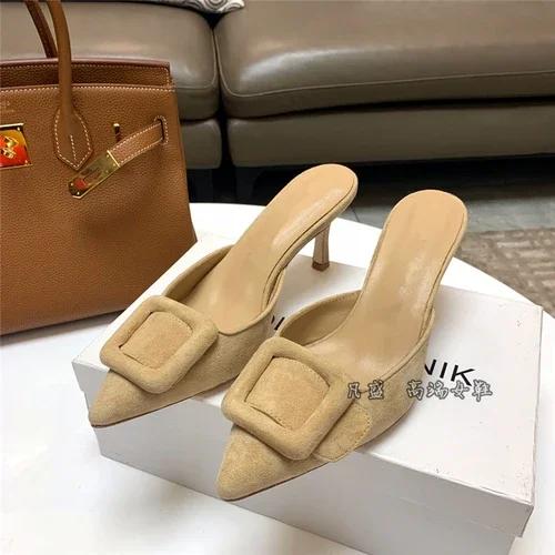 2024 New Muller Shoes Women's Shallow Mouth Pointed Toe Middle Heel Square Buckle Stiletto Baotou Women's Half Slippers