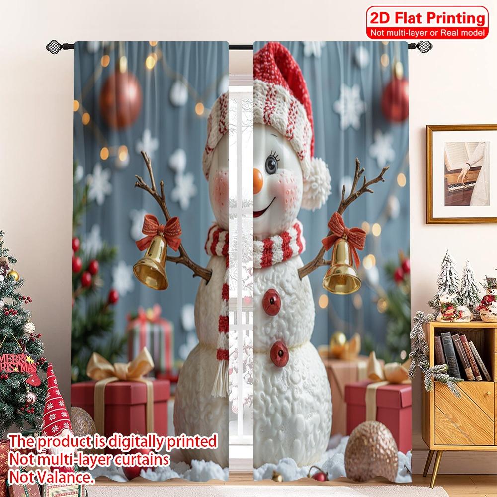 

2pcs 2D flat printing Merry Christmas Window Curtains Cute Snowman Christmas Bells 100% Polyester Fabric Without Electricity 52.50×116.00 CM 2pcs
