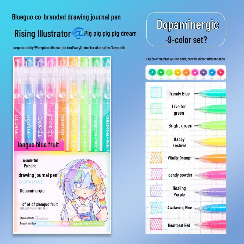 Blue Fruit Nine-Color Gel Journal Pens for Students - Doodle, Color, and Highlight with Fluorescent Markers